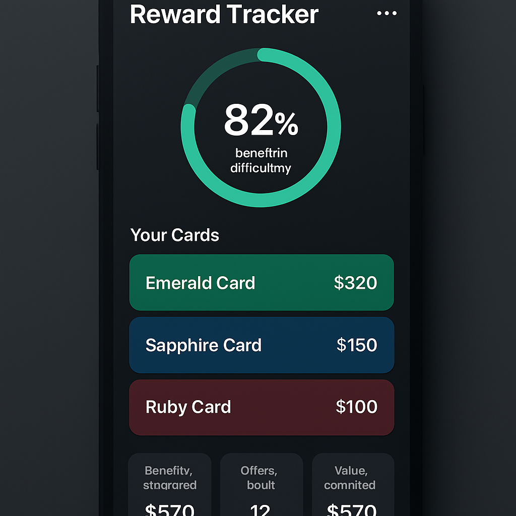 Reward Tracker portfolio view with an 82 percent efficiency ring, a list of the user's cards, and value stats